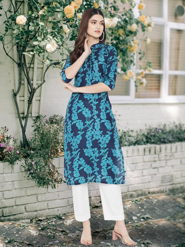 Image of Pinkmint Women Cotton Kurti ll Stright Printed Collared V Neck Kurta ll Stylish Regular Fit Kurti's (Pack of 01)