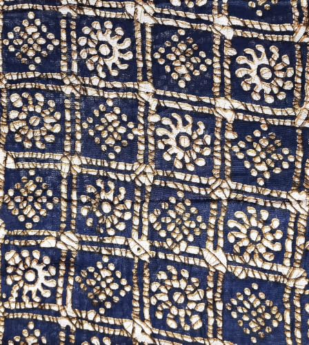 Image of Batik Print Dupatta for Women | Navy Blue and White Floral Geometric Pattern | Cotton Stole