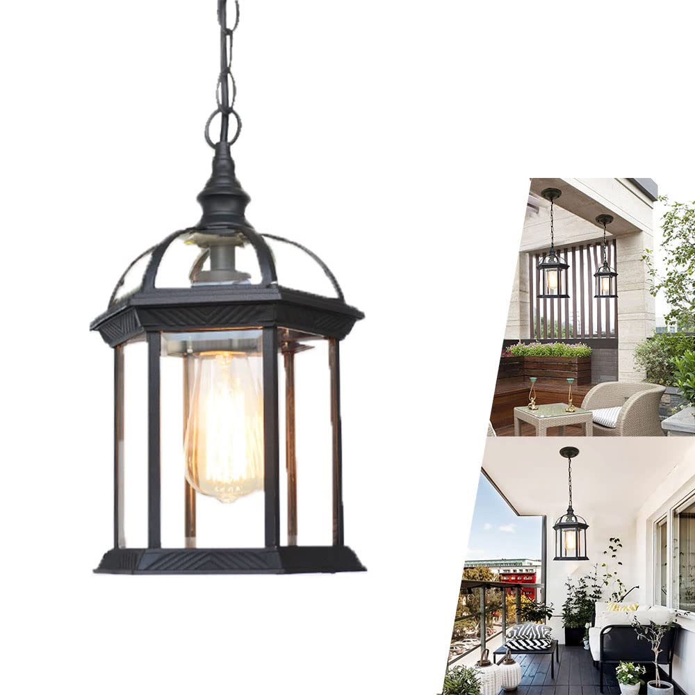 Outdoor Hanging Lantern Light, Loft Industrial Pendant Lights, Flush Mount Ceiling Pendant Lighting, IP23 Waterproof Outside Lights, Black, E27, Aluminum Glass Shade for garden entrance Porch