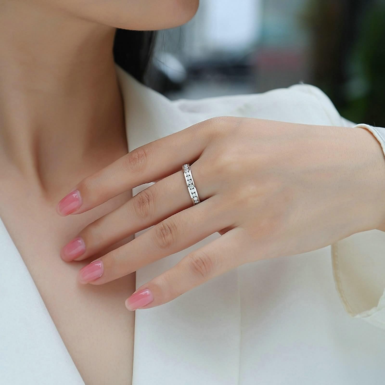 Anello di fidanzamento in oro bianco 14 K, anello di fidanzamento vintage, larghezza 4,5 mm, con moissanite da 3 mm, misura 16 (17,8)