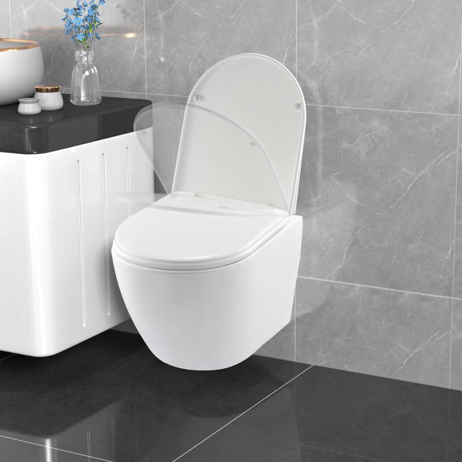 WC Senza Bordi Con Coperchio, Sospeso in Ceramica, Moderno Set a Forma di D (Bianco)