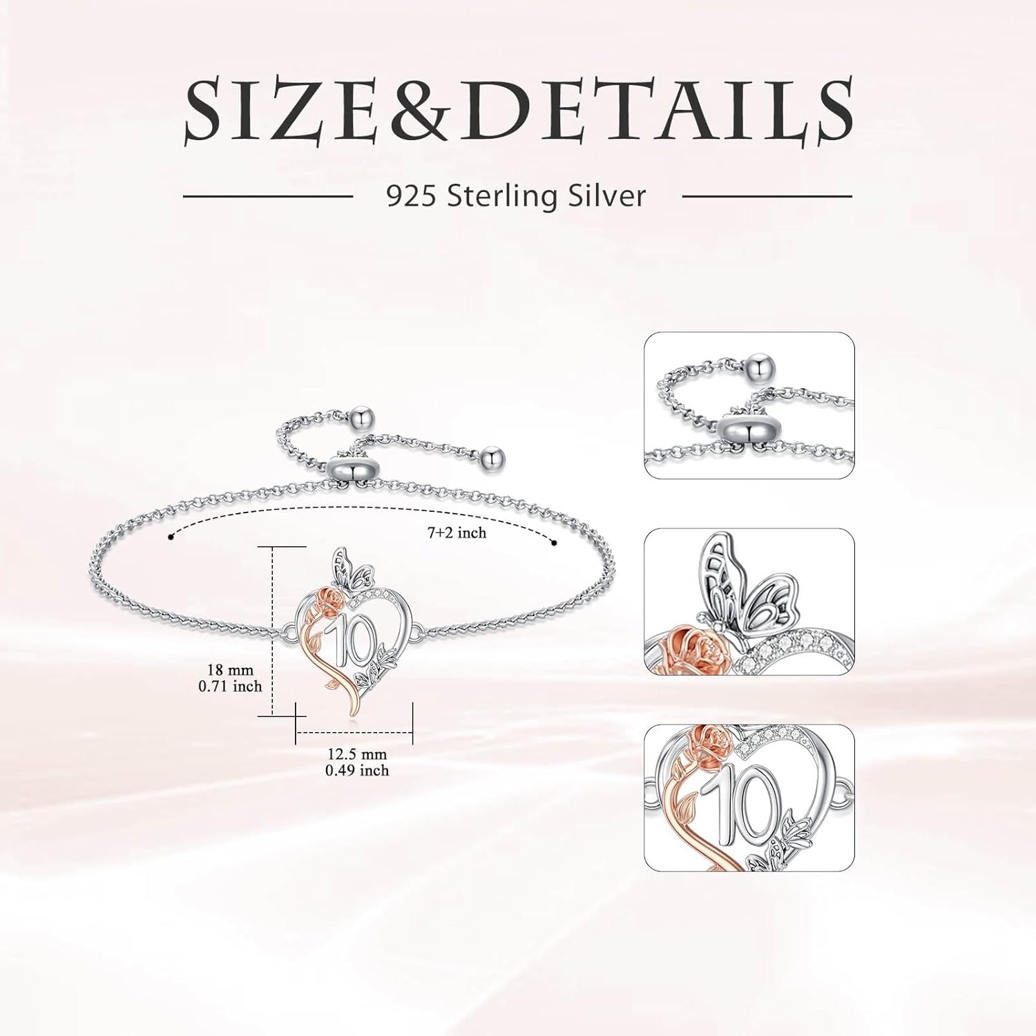 TOUPOP Gifts for Her Rose Heart Bracelet 925 Sterling Silver Heart Butterfly Bracelet Sweet Year Old Jewelry Anniversary Birthday Christmas Gifts Women Girlfriend Wife Mom Grandma - Image 6