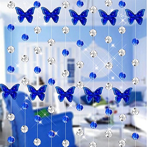 Emptystar Curtains Rod - 1m Butterfly Crystal Glass Bead Window Curtain Voile Drape Panel Sheer Scarf Valances for Bedroom Living Room Home Decor - One Strand (Blue)