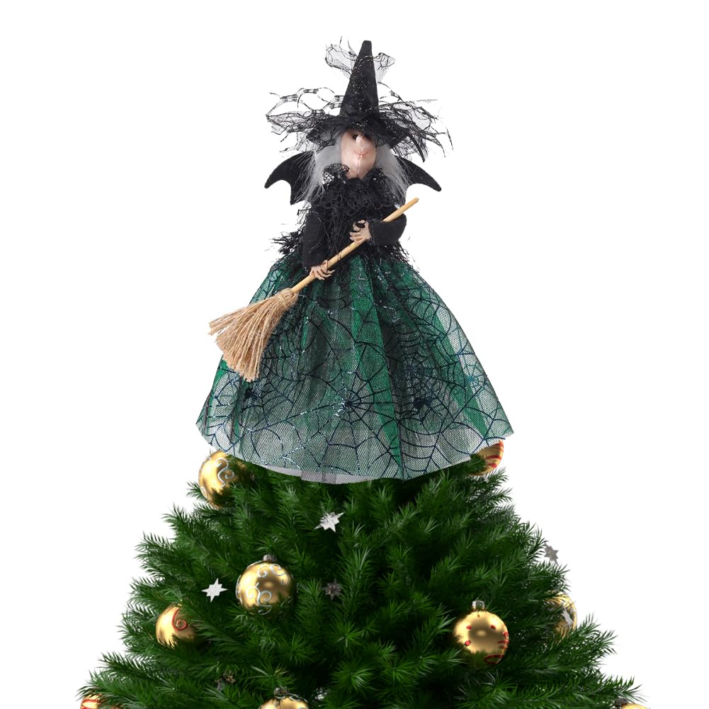JOYWU Halloween Witch Tree Topper Decoration,1 Pcs Black Witch Gnome Ornament with Spider Web Dress,Bat Wings and Witch Broom,Creepy Witch Figurine,Halloween Haunted House Decor (B-Green)
