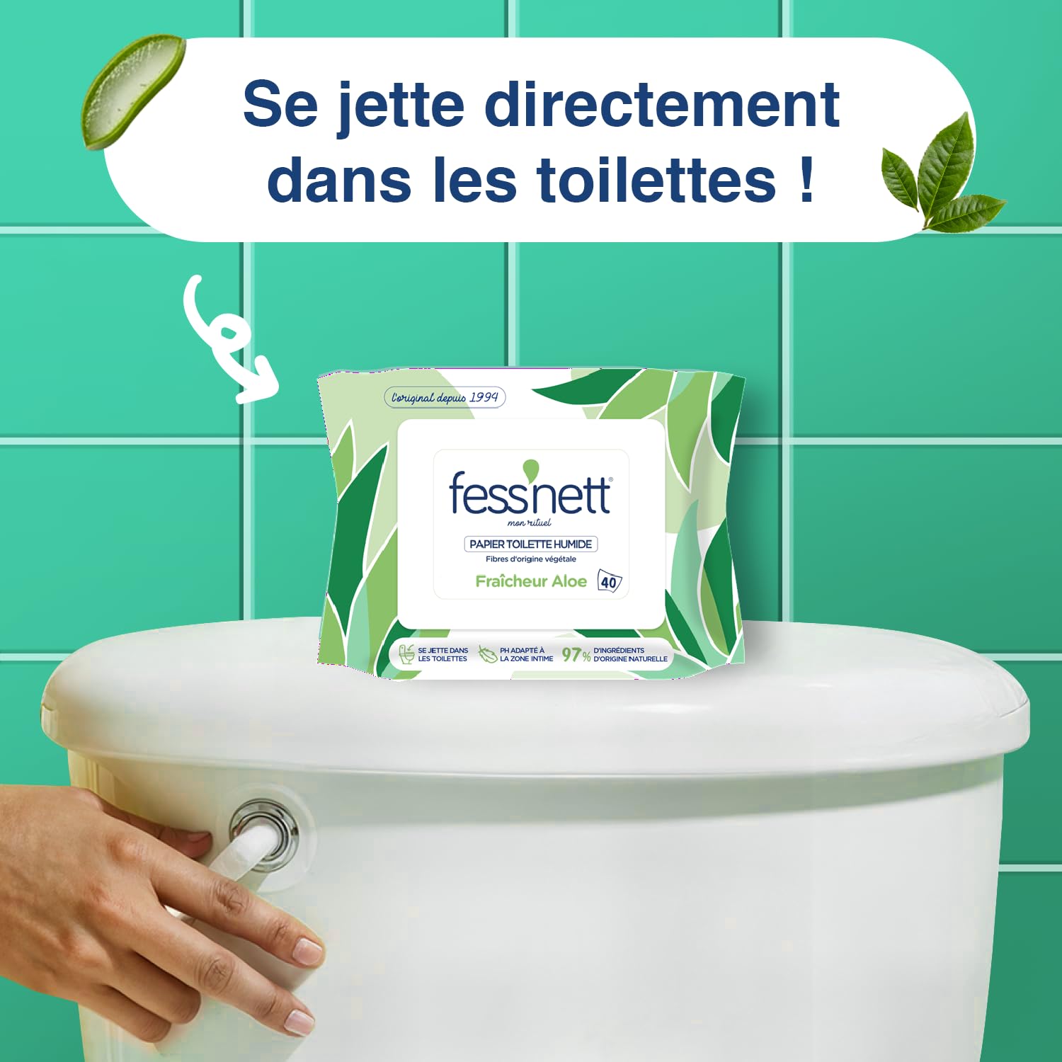 fess'nett Papier Toilette Humidifié Vert Aloe 40 Feuilles | 100% Fibres Végétales, 96% d'Eau, PH Neutre, Sans Parfum et Parabène, Usage Intime Adulte Enfant