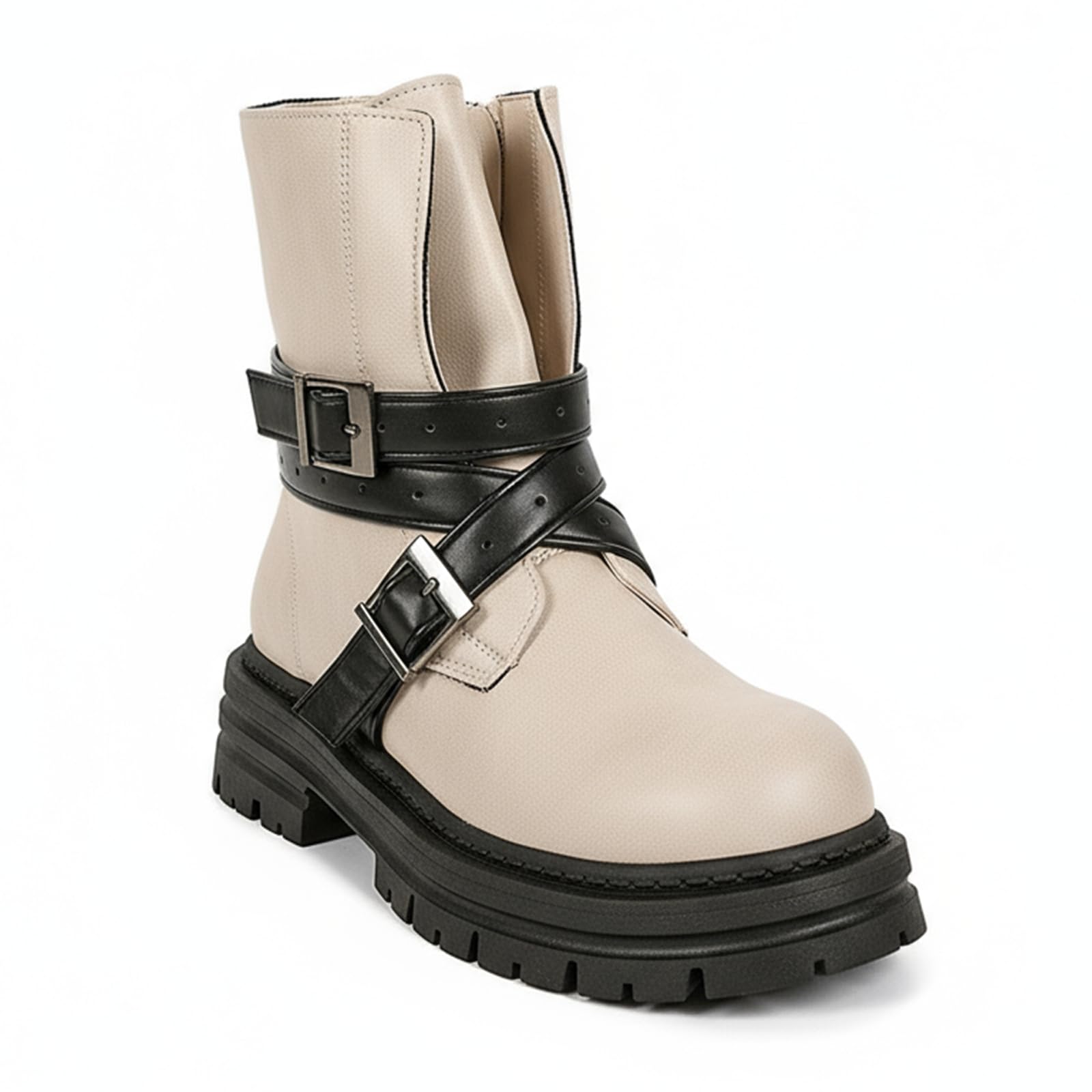 Womens Buckle Chunky Platform Ankle Boots Retro Round Toe Lug Sole Non-Slip Slip-On Cycling Boots For Parties Casual