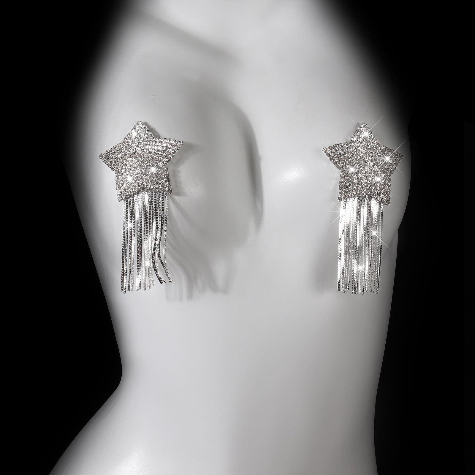 leomoste Reusable Silicone Sequin Adhesive Nipple Cover Pasties Bra with Tassel Star Pasties Adhesive Nipple Cover: Rhinestone-silver