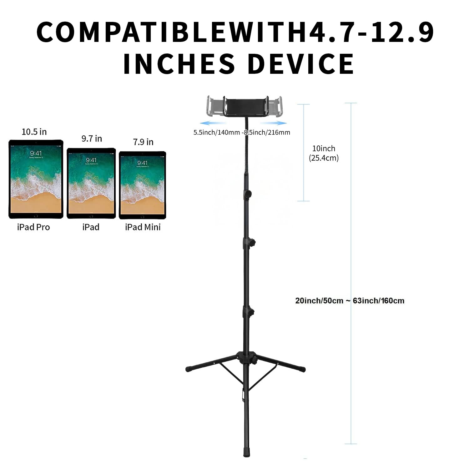 Soporte de Trípode para iPad de 63 pulgadas, Soporte de Piso para Tableta con Cuello de Cisne, Soportes con Rotación de 360° Ajustable para iPhone, iPad Mini Pro Air, Mayoría de Teléfonos y Tabletas