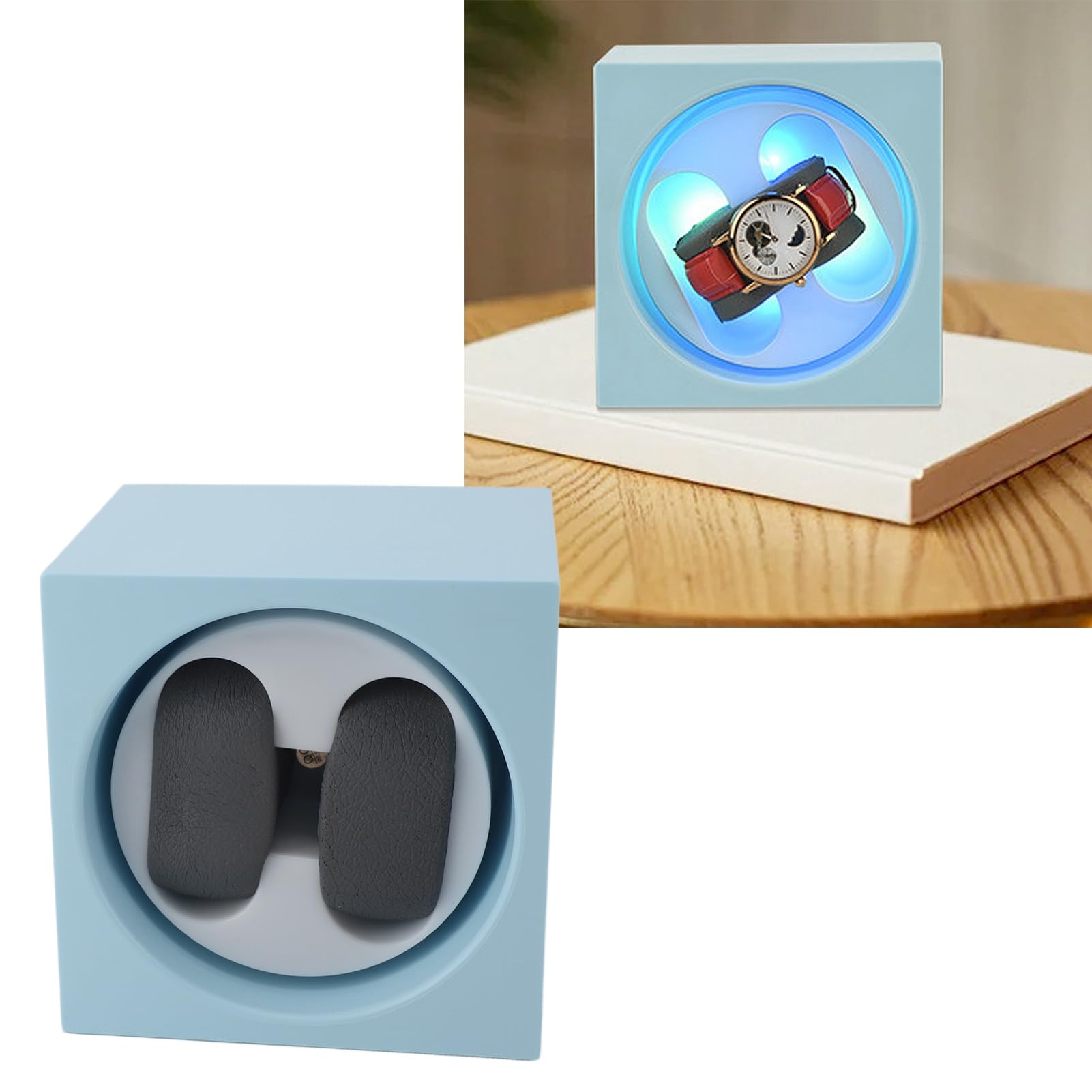 Enrollador de reloj automático doble con batería USB, 2 velocidades, funcionamiento silencioso ajustable, enrollador de reloj inteligente con luz LED (Azul claro)