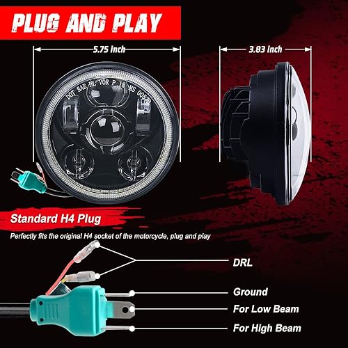 Miniatura 4 de Tugwuetlwu Faro delantero de motocicleta de 5.75 pulgadas para Harley Davidson 5 34 Sportster Dyna Softail Iron 883, etc. Accesorios (negro-halo)