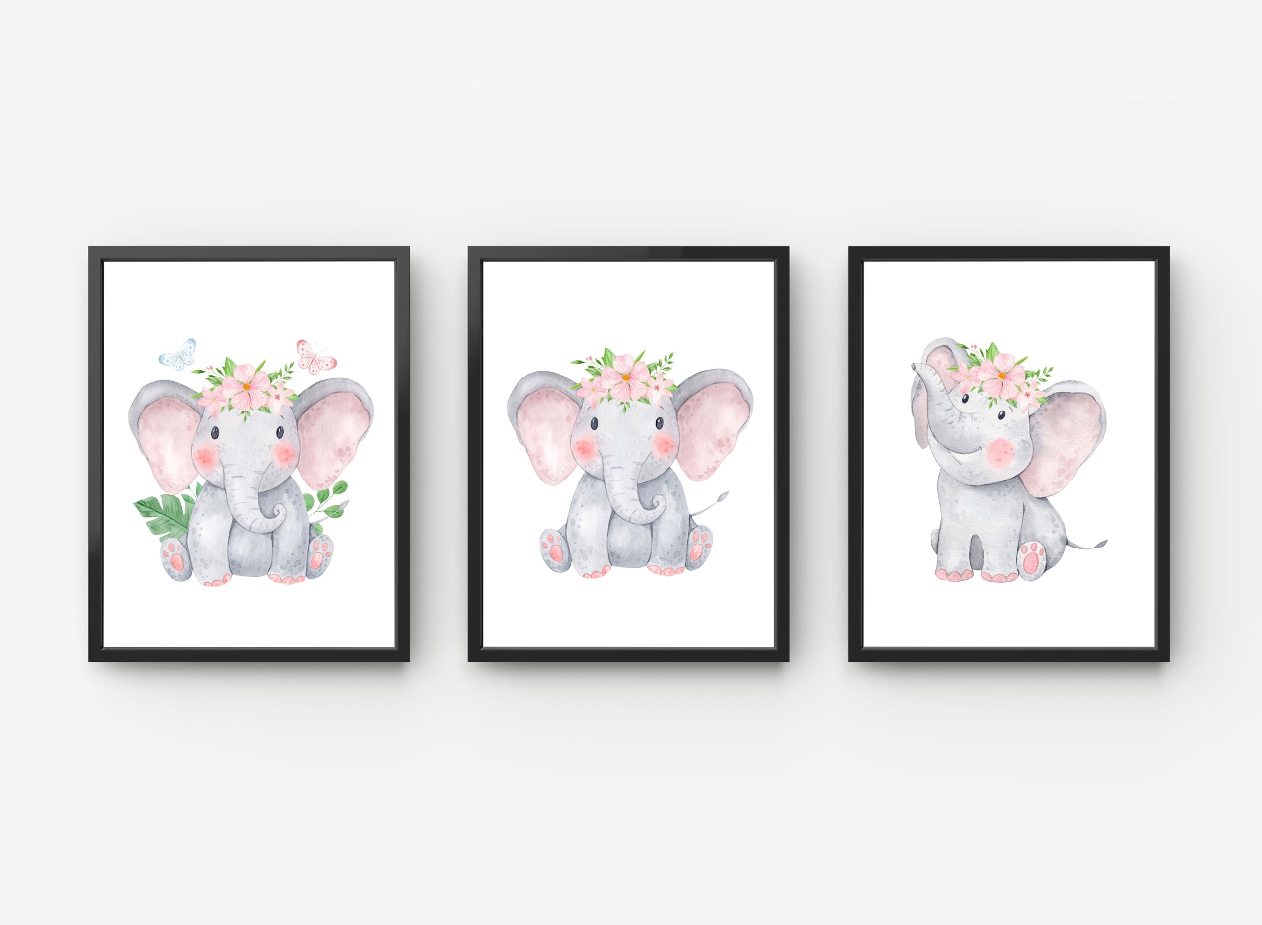 GIFTSHOPUK Baby Elephant Girl Pink A5 A4 A3 Nursery Set Of 3 Prints Pink Animal Bedroom Prints Nursery Art Elephant Wall Art For Baby Girl Nursery (Black Frame - A2)
