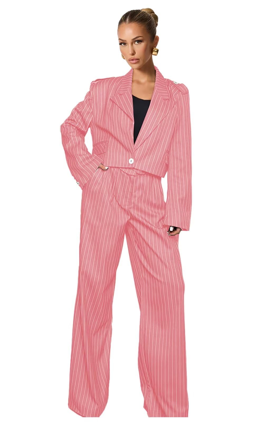 Pinstripe Pant Suits for Women Wedding Guest 2 Piece Womens Suit Casual 1 Button Short Blazer Tuxedo for