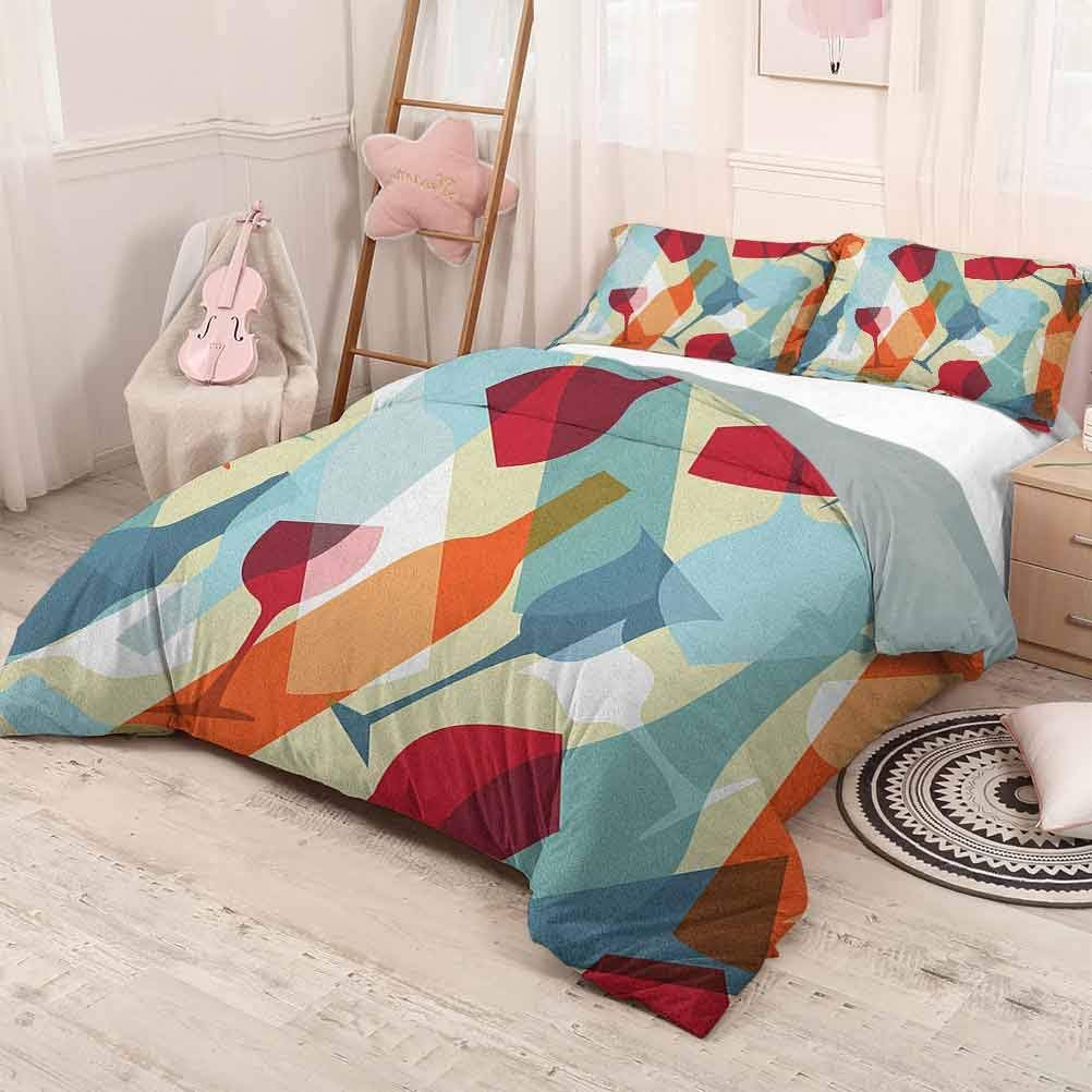 prunushome Wine Quilt Cover PillowcaseModern Design Colorful Silhouettes of Glasses Bottles Fun Party Artistic Comfy Bedding Pale Blue Ruby Orange 104x90in/20x35inx2