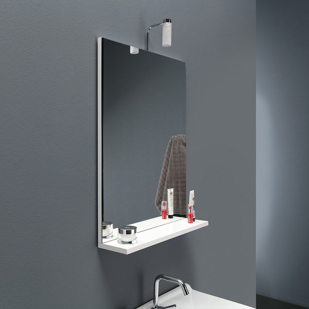 Kiamami Valentina - Mobile Bagno Sospeso 56 CM + Lavabo in Ceramica | Specchio a Filo Lucido incluso | Porta Asciugamani Cromato | Adatto a Spazi Ridotti, Bianco, Metallo