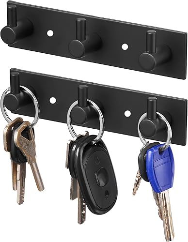 Juego de 2 llaveros de pared de acero inoxidable, 3 ganchos modernos para el hogar, cocina, entrada, pasillo, oficina, armario, baño (negro)