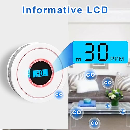 Miniatura 2 de Paquete de 3 detectores de monóxido de carbono y alarma de humo, detectores de humo y monóxido de carbono a pilas con pantalla digital, botón de