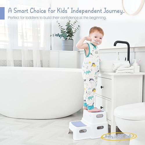 Miniatura 2 de Forbena Taburete de baño para niños, taburete de 2 escalones para entrenamiento de inodoro para niños pequeños, taburete de plástico resistente para