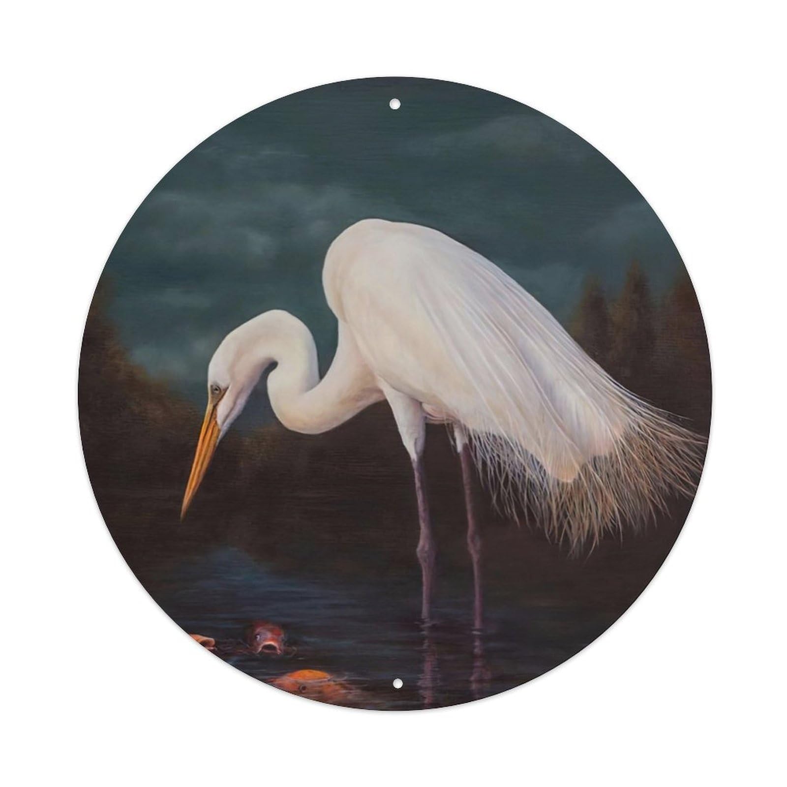 Animal Artwork White Crane And Small Fish Vintage Metal Tin Sign Plaque Wall Decor for Cafe, Club Bar, Office, Garden Metal Poster 8x8Inch