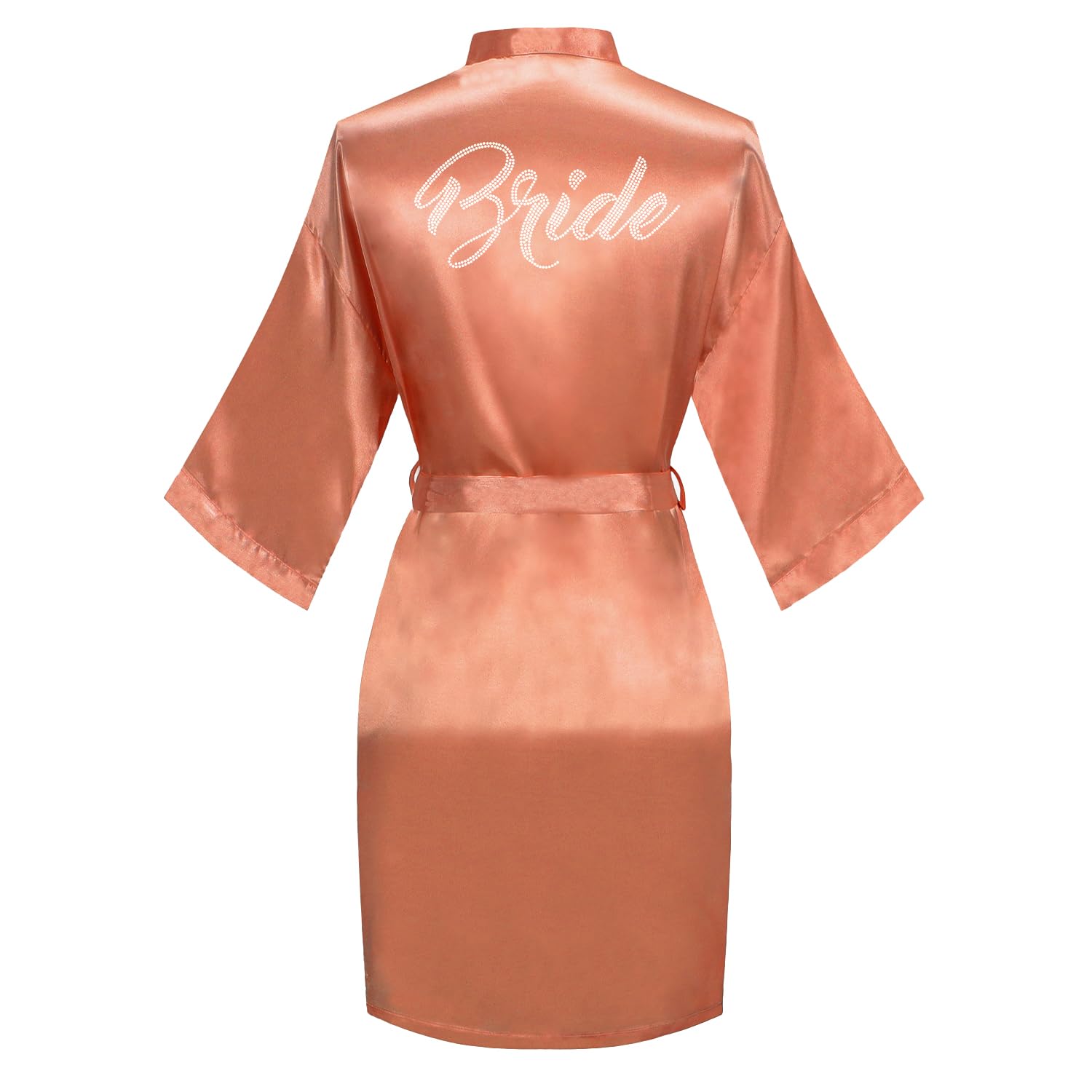 Women's Satin Robe Bride Bridesmaid Short Kimono Robes with Silver Rhinestones for Wedding Party Getting Ready