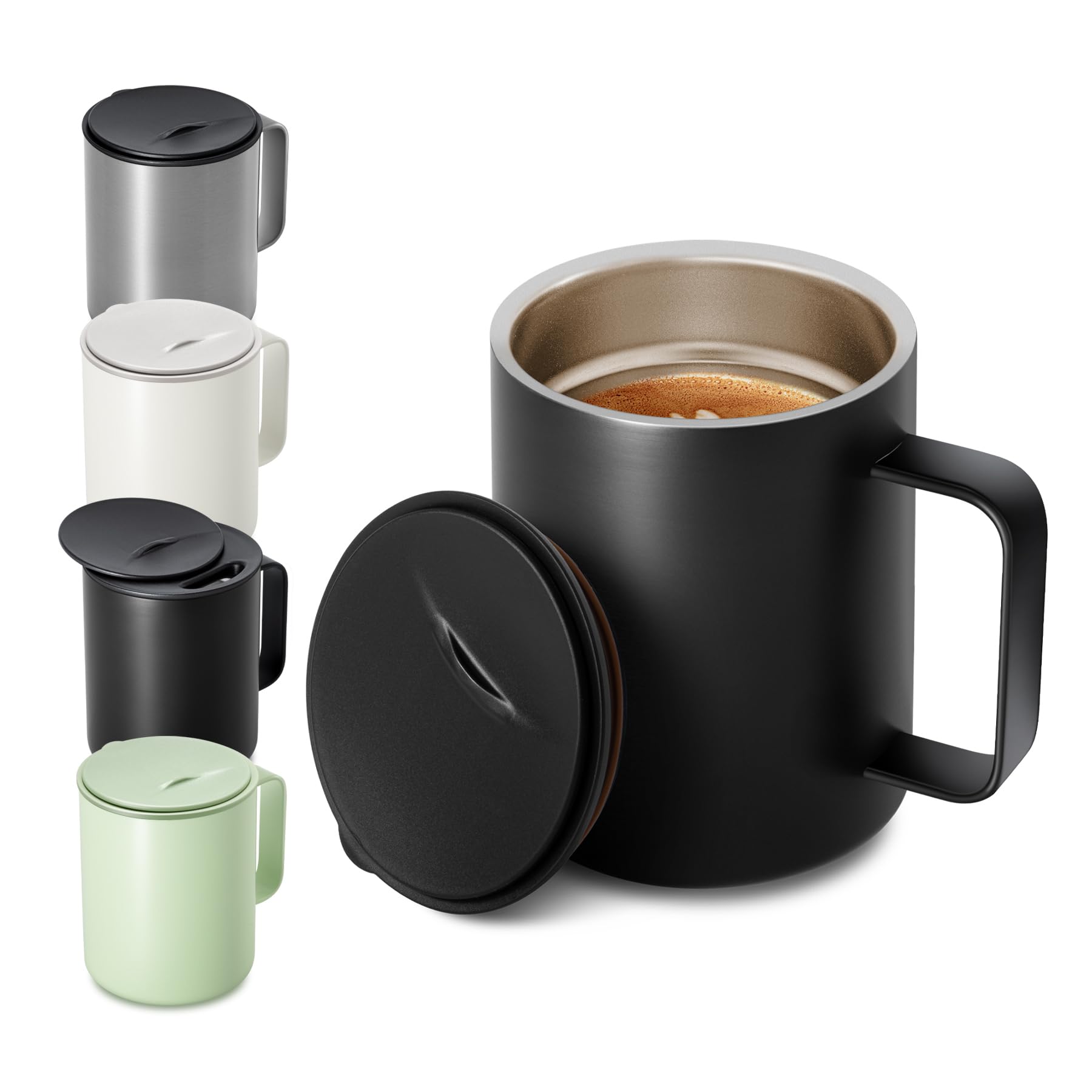 Homealexa 400 ml Coffee Mug, Double-Walled Vacuum Thermal Coffee Mug, Coffee and Tea Cup, Stainless Steel, Thermal Mug with Handle and Sliding Lid Black