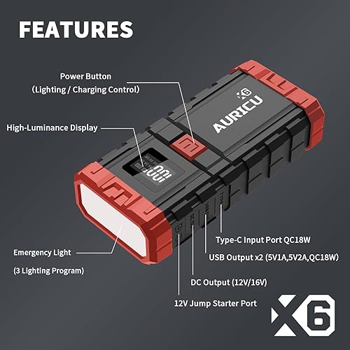 Miniatura 3 de X6 1600A Jump Starter Paquete de refuerzo de batería de litio de 12 V, caja de salto portátil, banco de energía y cables de puente para motores de