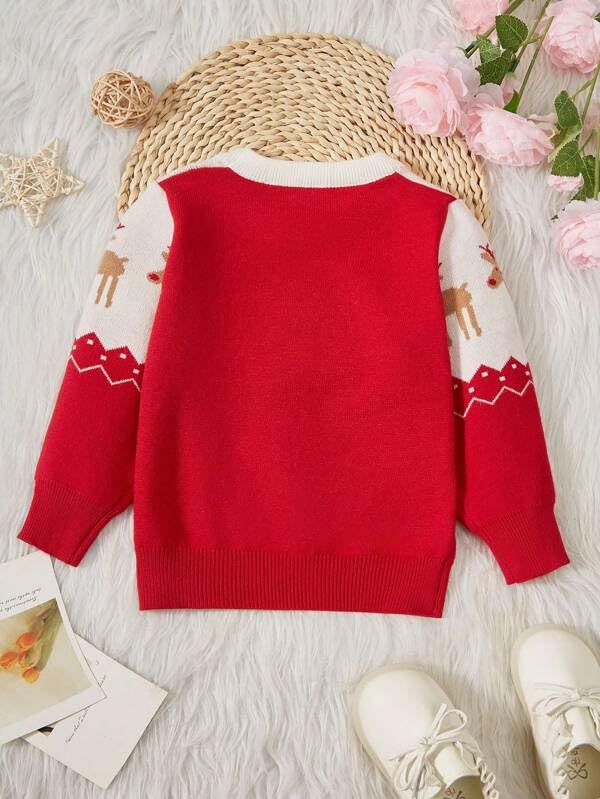 Image of Girls Christmas Pullover Sweaters Reindeer Elk Snow Long Sleeve Crew Neck Chunky Tops