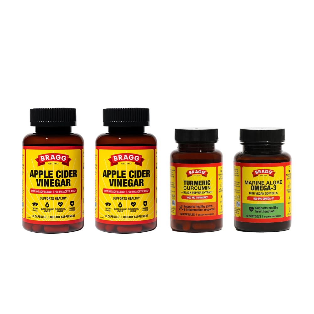 Bragg Original Apple Cider Vinegar Capsules - Turmeric Curcumin - Vegan Omega-3 Softgels - Vitamin D3 & Zinc - High Absorption - 750mg of Acetic Acid – Sustainably Sourced Algae – Non-GMO