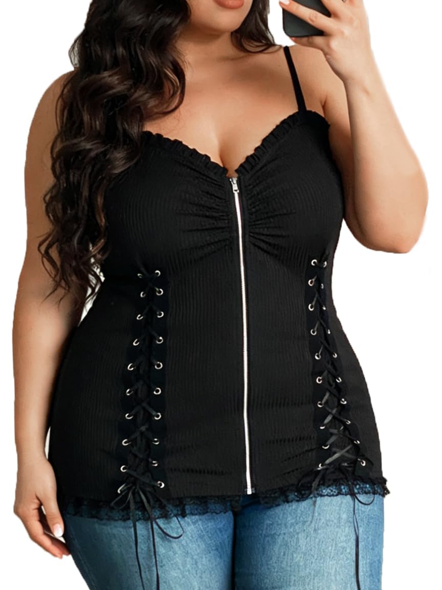 Nihsatin Women's Plus Size Lace up Ribbed Tops Casual T-Shirts Gothic Corset Top