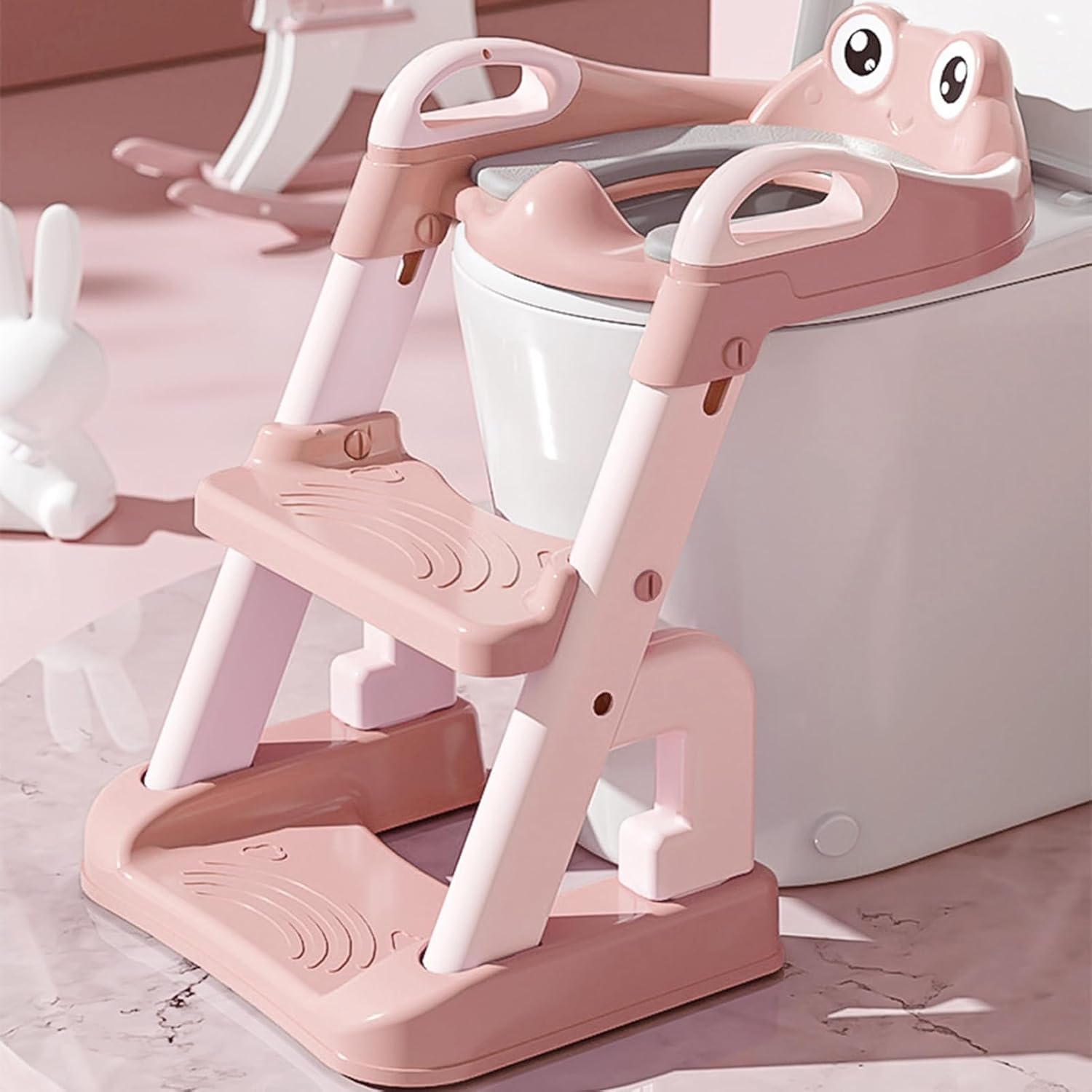 Foldable Step Stool for Bathroom Sink | Step Stool for Toddler | 2 in 1 Toddler Seat with Steps Stools Soft Cushion Adjustable Height Triangular Base Toilet Ladder Toilet Seat Stair Pink