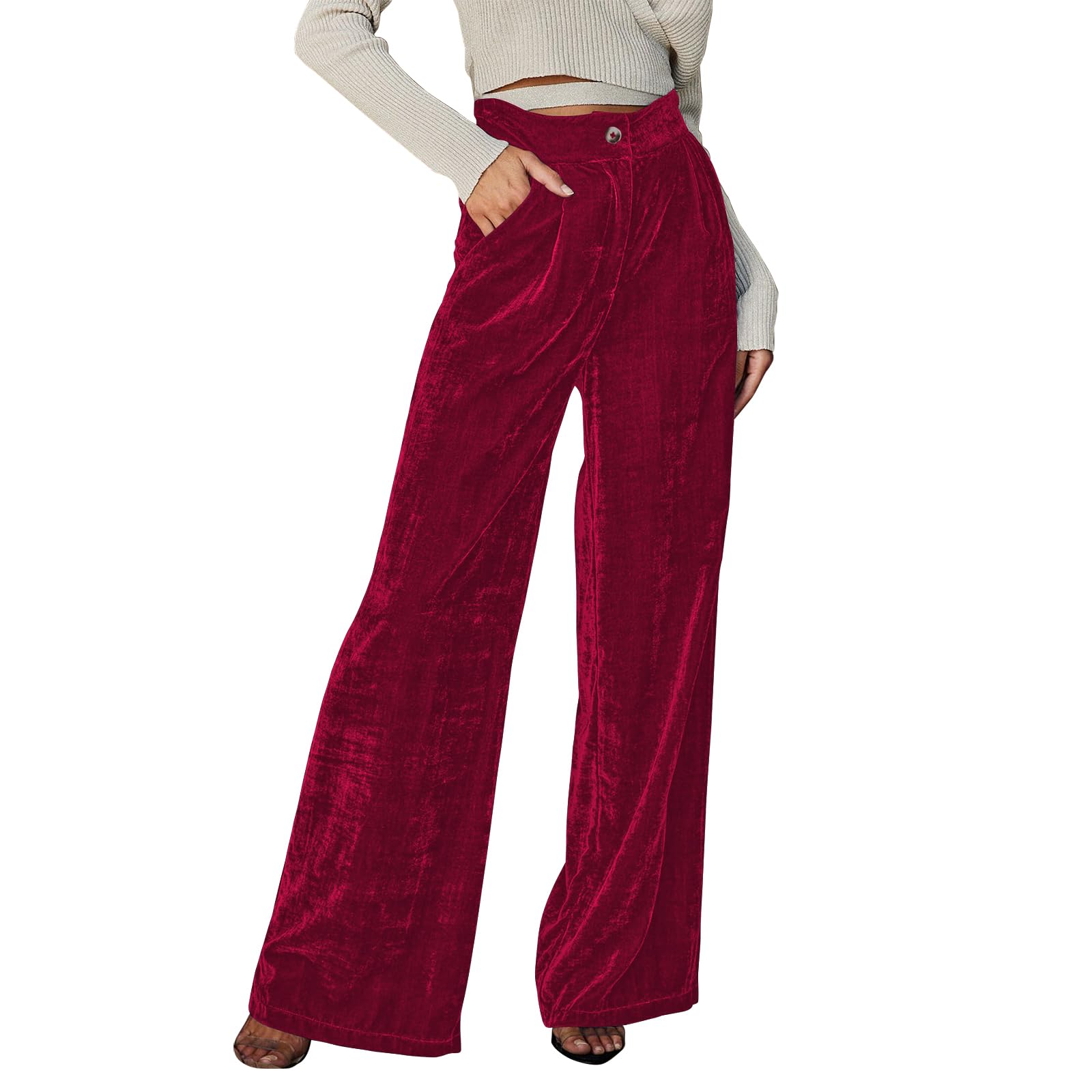 FAIABLE Velvet Pants for Women High Waisted Wide Leg Palazzo Pants Causal Outfits Long Flowy Trousers with Pockets Red