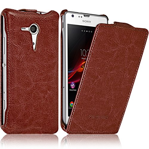 KARYLAX Seluxion - Housse Etui Coque Rigide à Clapet pour Sony Xperia SP Couleur Marron + Film de Protection