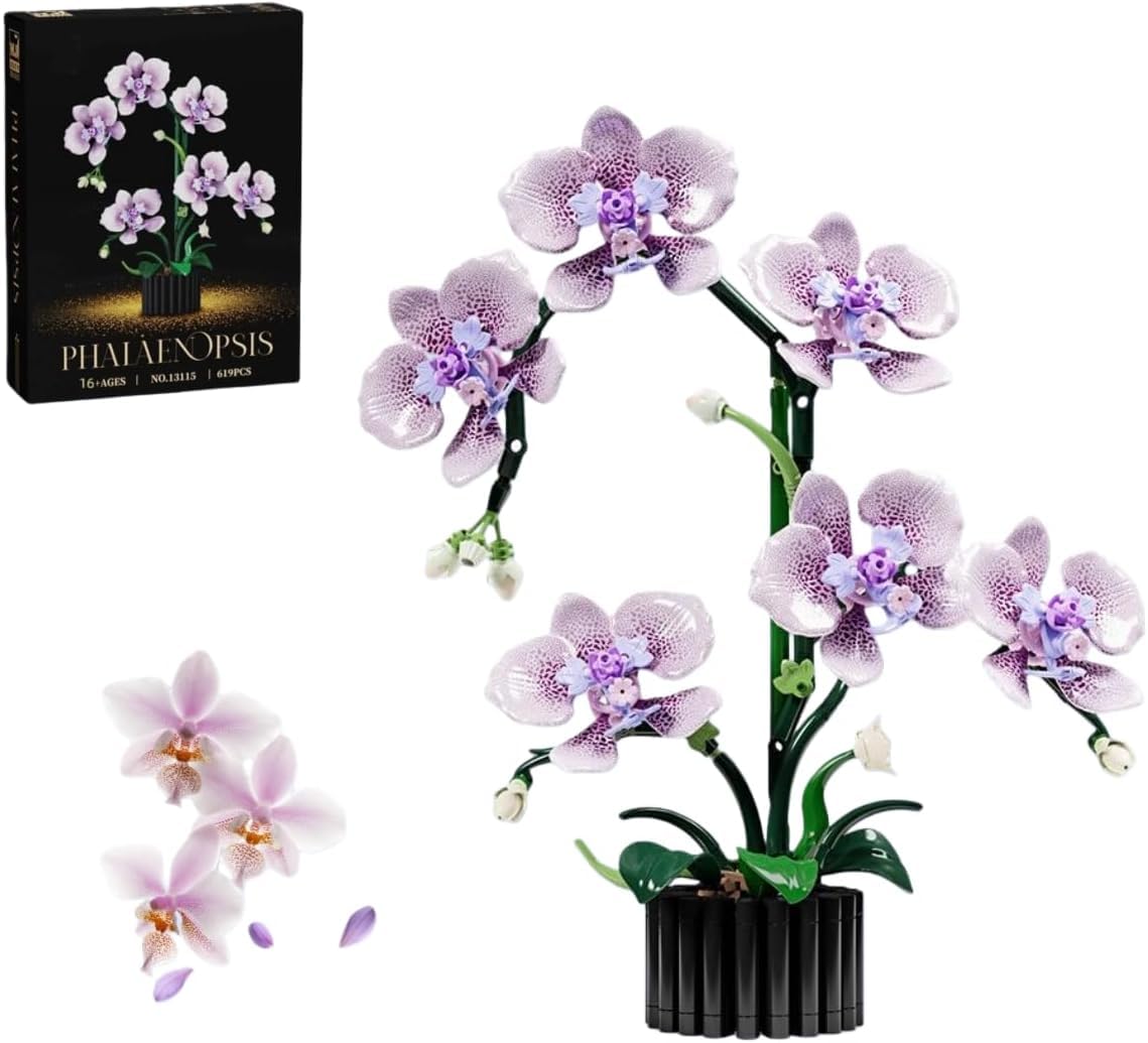Purple Orchid Bouquet Building Blocks Set, 619 Pieces Creative Botanical Collection Bouquet Building Kit, DIY Artificial Flowers Botanical Set for Home Décor Gift for Adults Mother's Day