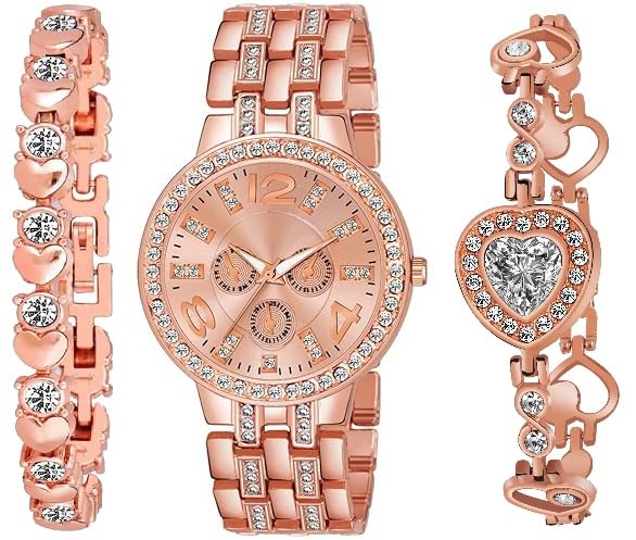 Acnos Rose Gold Radiance Diamond Watch & Heart Bracelet Duo for Women Watch for Girls Pack of 3