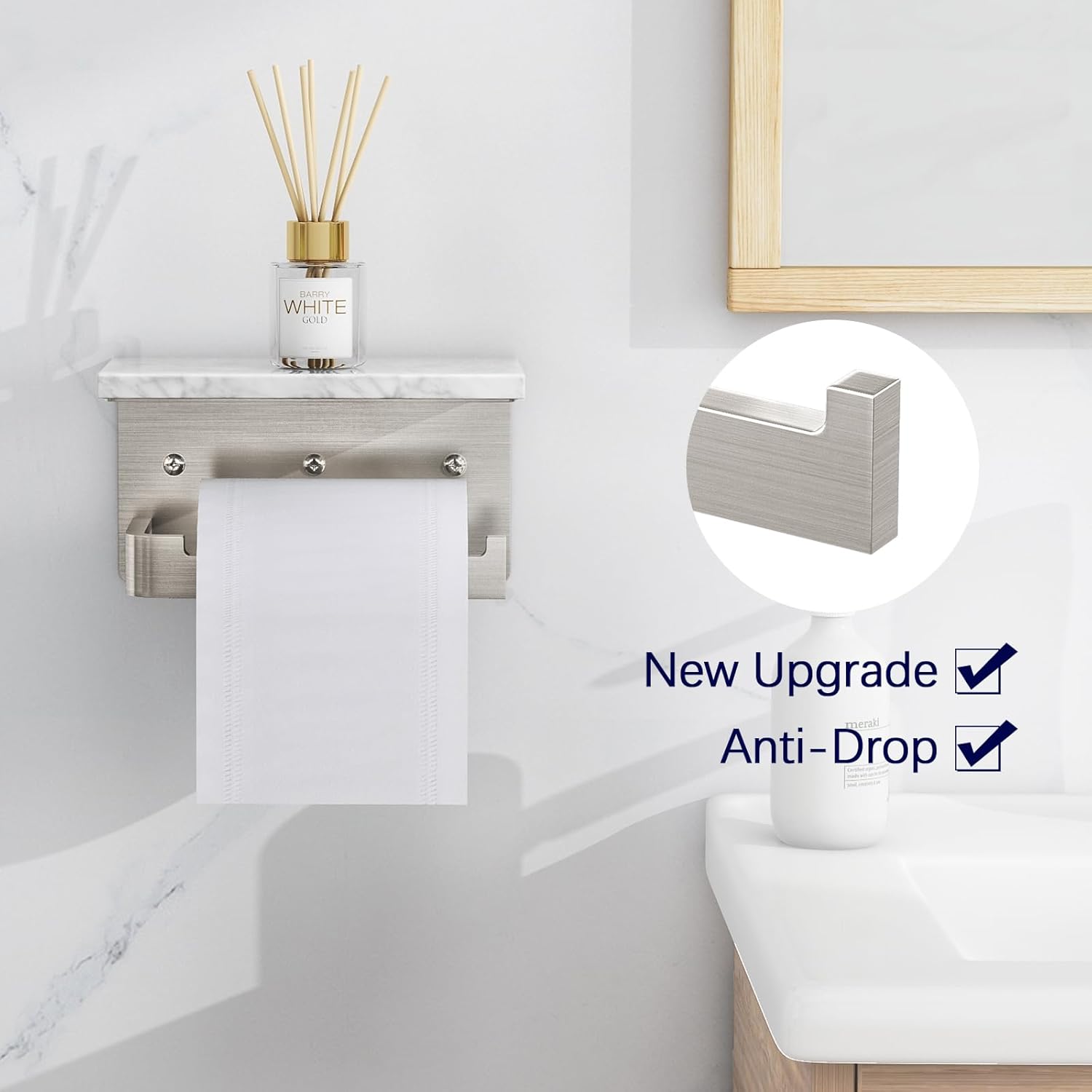 Brushed Nickel Toilet Paper Holder with Marble Shelf