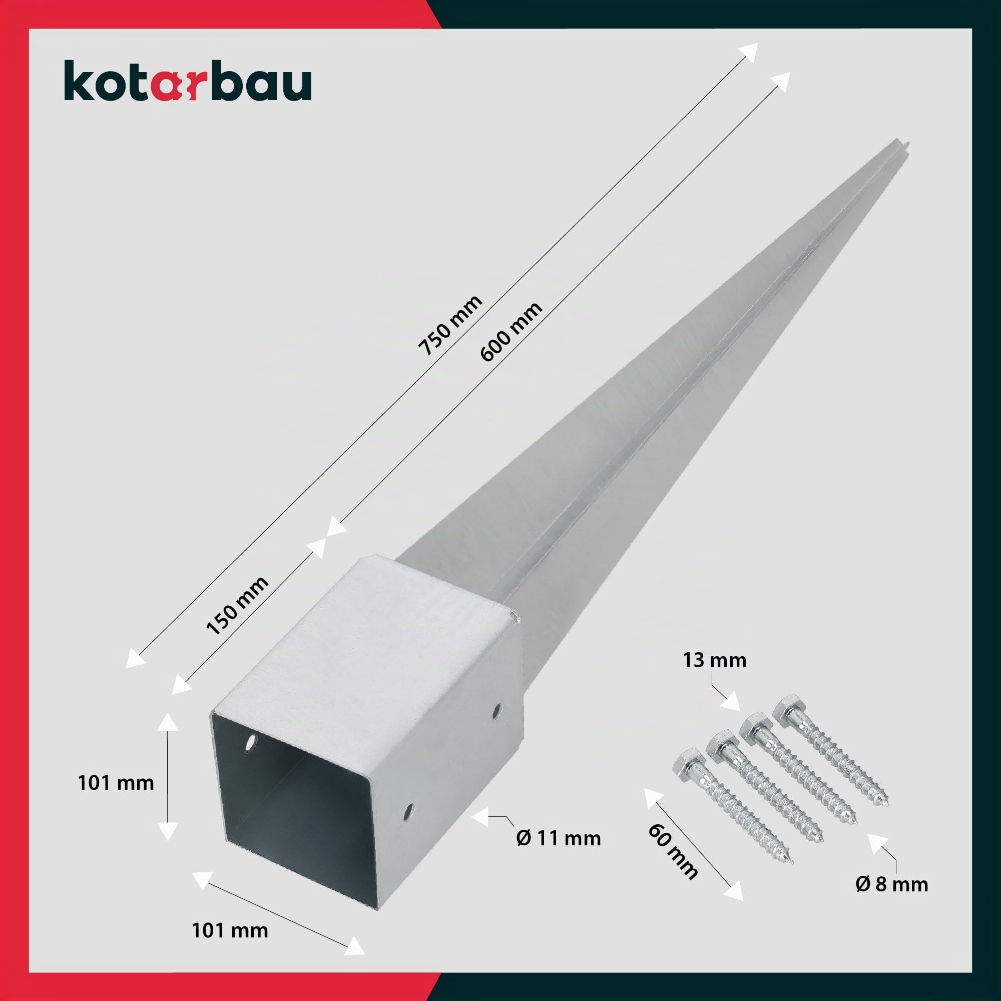 KOTARBAU® Supporto per Pali in Legno - da Infissione - 75 cm - Acciaio Zincato - Argento - 101 x 101 mm - Staffe per Pali in Legno - Robusta - Resistente