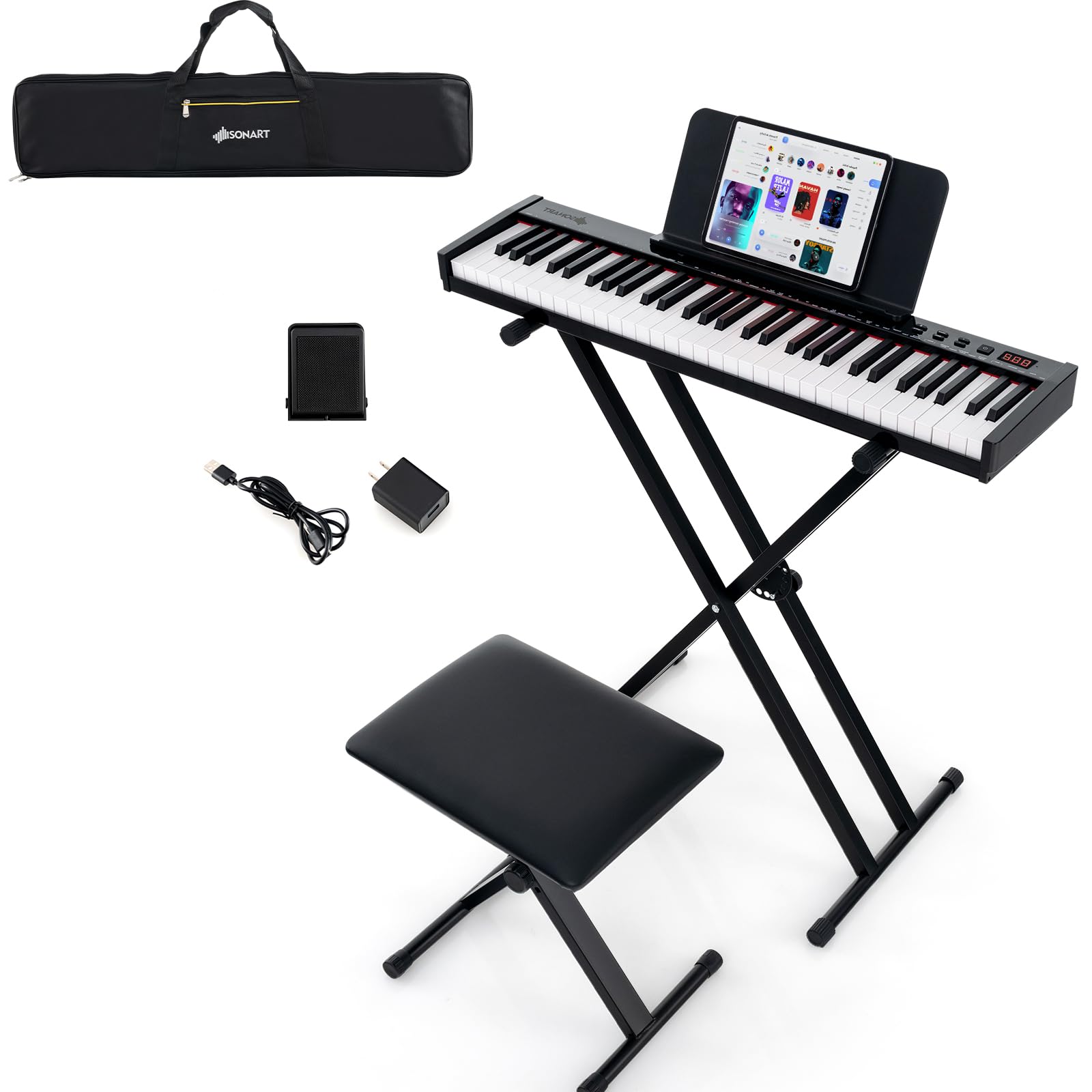 KOMFOTTEU Pianoforte Digitale 61 Tasti Semi-Ponderati, Tastiera Musicale con Supporto e Sgabello, Digial Piano con Tasti Semi-Pesati, Funzione Audio MIDI Wireless, Leggio, Pedale di Sustain e Borsa