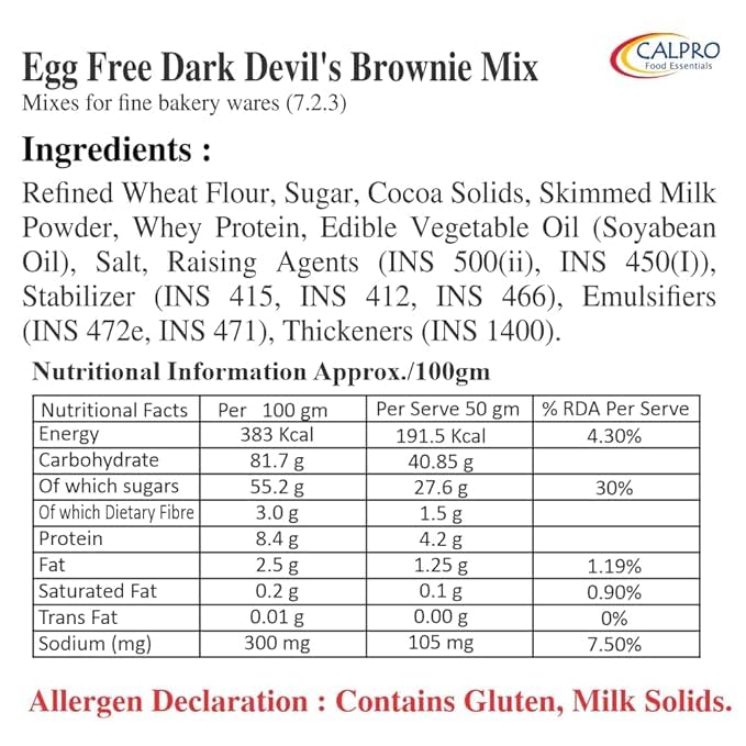 Image of Calpro's Egg-Free Dark Devil Brownie Mix ! Rich Chocolate Flavour! Fudgy & Crust Quick and Easy to Make ! Cake Mix for Kids -100% Vegetarian : Mix 1KG