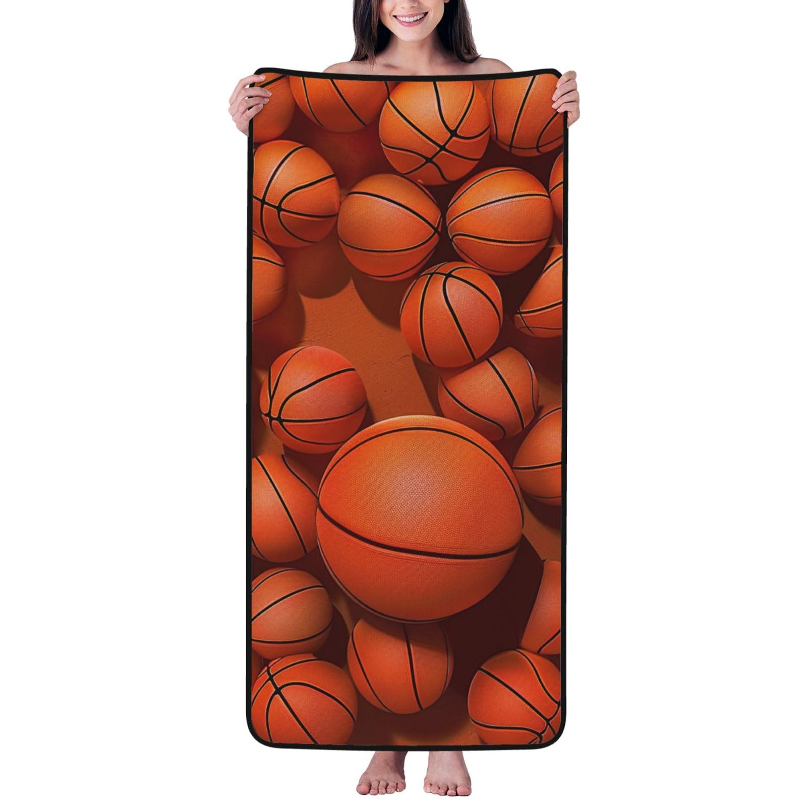 WPKJU Basketball Orange Printed Bath Towel with Black Edging - 27x55 in Soft Extra Absorbent Coral Velvet Shower Towels for Bathroom