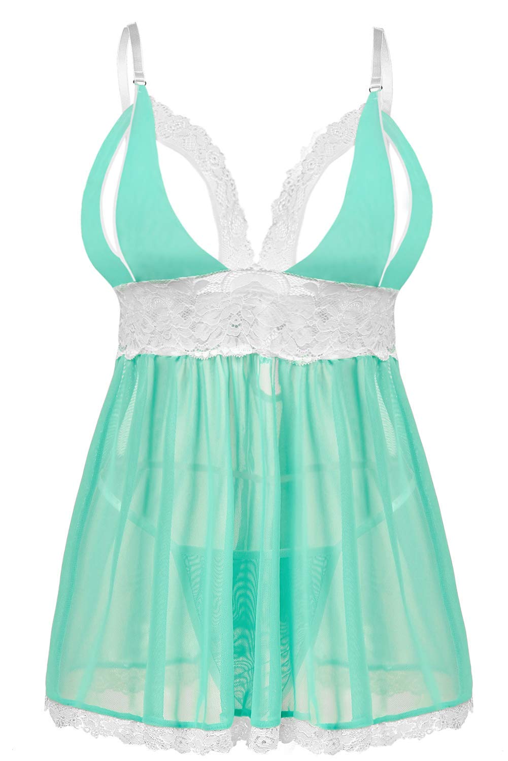 Donnalla Plus Size Babydoll Lingerie Set for Women Sexy Mesh Lace Nightwear Adjustable Straps V Neck Chemise with Panty