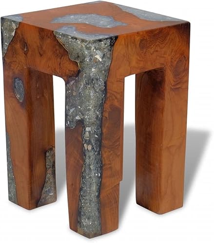 Miniatura 4 de Taburete rústico de madera de teca y resina, mesita de noche, mesita de noche, taburete para sala de estar, dormitorio, decoración de muebles para