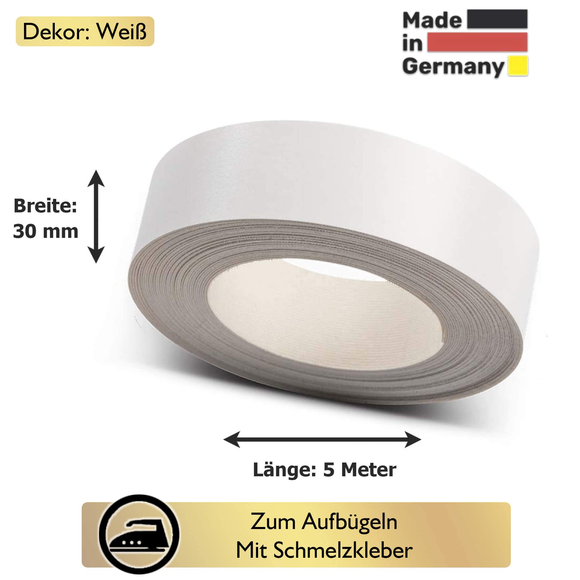 Kantenumleimer zum Aufbügeln | Weiß 30 mm x 5 m Rolle (matt glatt) | Premium