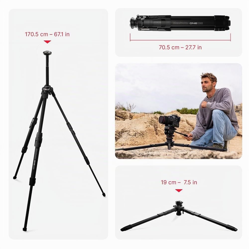 Manfrotto One Trípode Híbrido de Aluminio, para Foto & Vídeo, Carga 15kg, Columna Niveladora, Columna Horizontal 90°, Sistema Quick Release, Trípode Ligero para Cámaras DSLR & Mirrorless