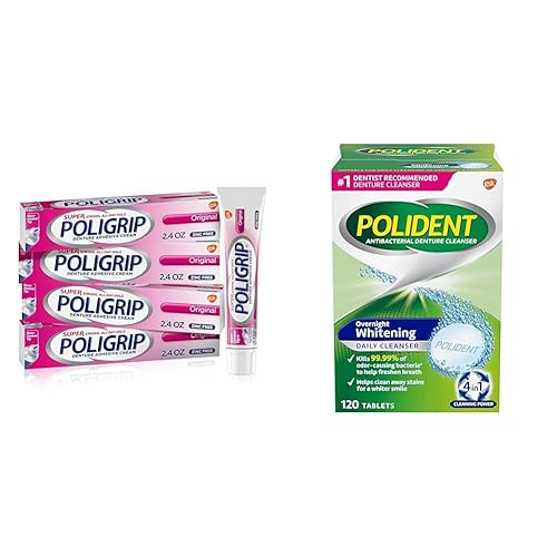 Miniatura 1 de Super Poligrip Crema adhesiva original para dentaduras postizas, sin zinc, 2.4 onzas (paquete de 4) y pastillas limpiadoras de dentaduras postizas