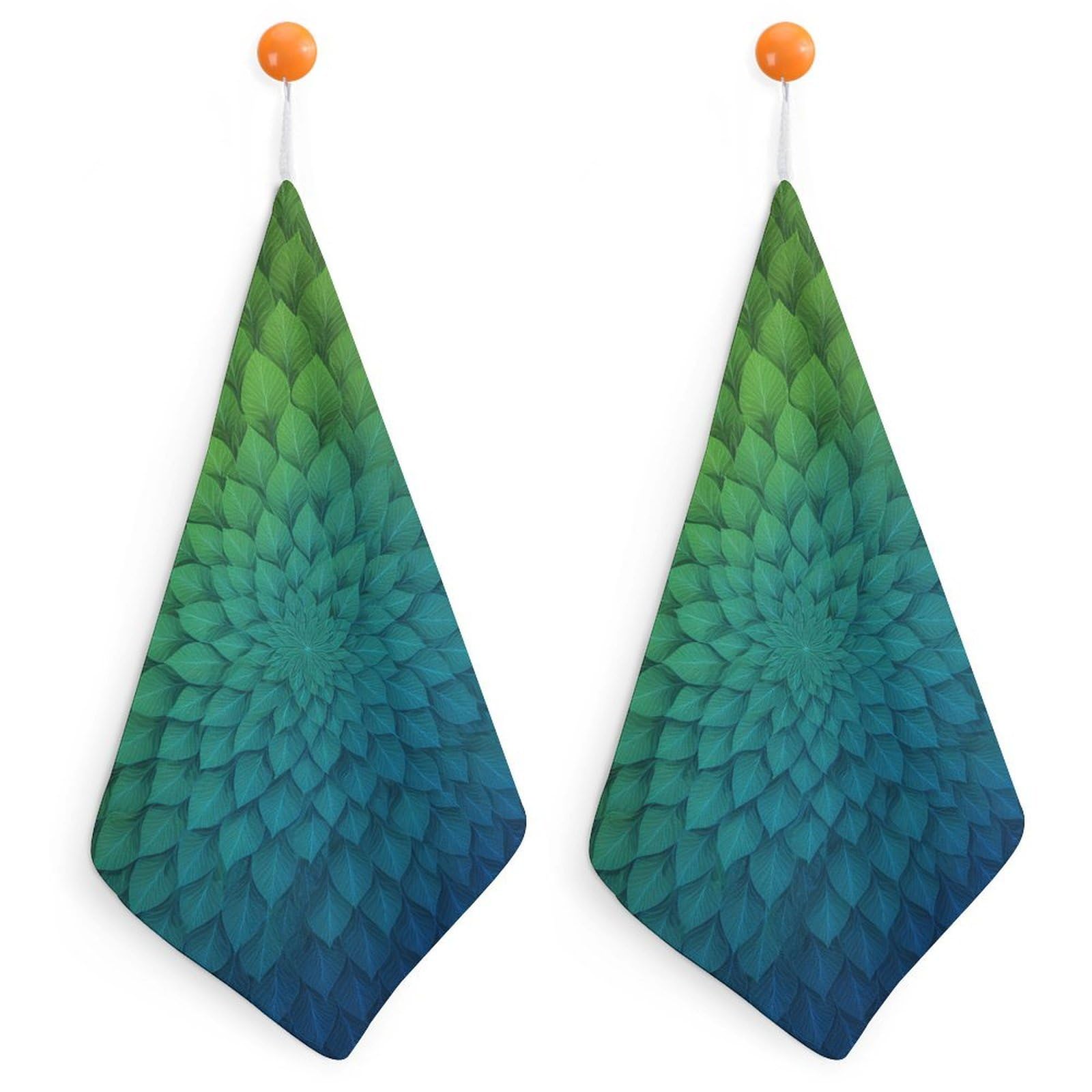 Jubonexis Green to Blue Gradient Geometric Leaf Pattern Small Hand Towel with Hanging Loop 2 PCS Absorbent Soft Wash Cloth for Kitchen Bathroom