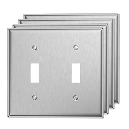 Double Light Switch Cover Metal Wall Plates Toggle Switch Plate Covers 2 Gang Stainless Steel Switch Faceplate, 4-Pack