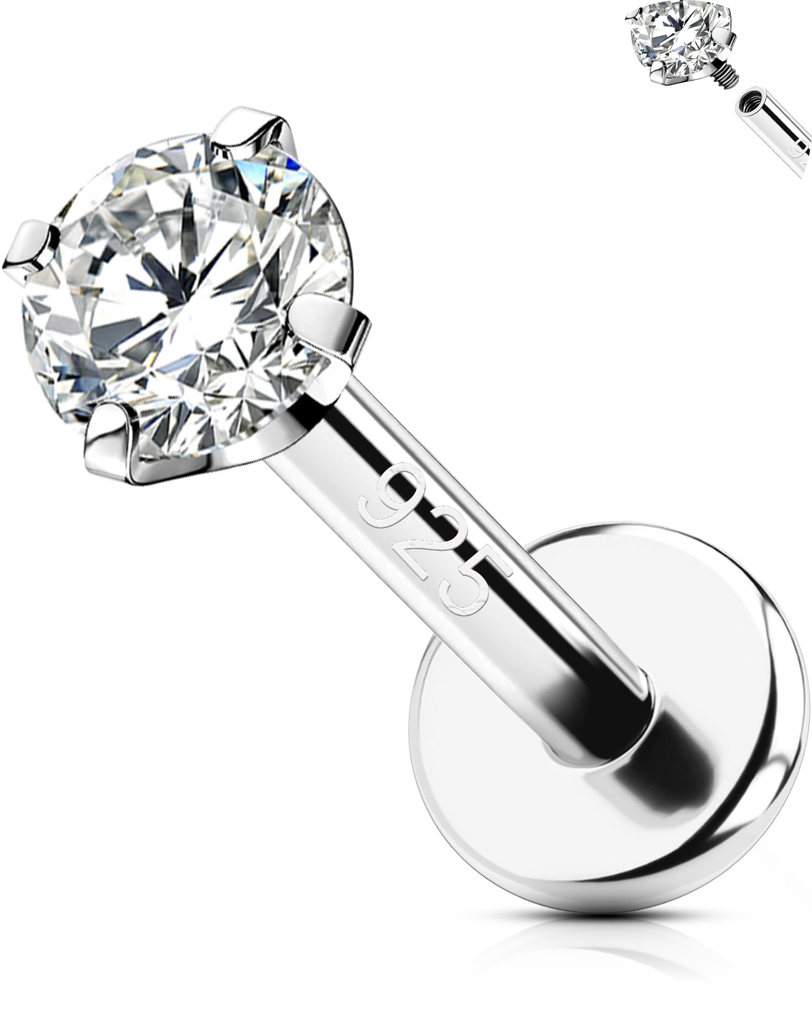 OUFER Silber 925 6 mm Helix Piercing Schmuck Innengewinde Knorpel Ohrpiercing 16G Tragus Piercing Conch Piercing Silber Frauen Helix Ring Clear 2 mm CZ Lippenpiercing