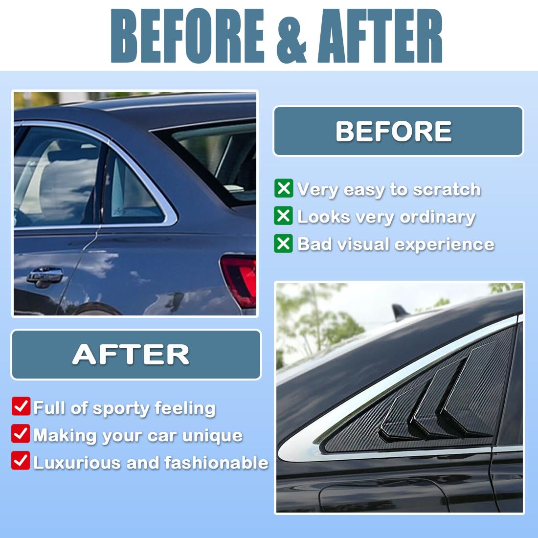 XITER 2PCS ABS Carbon Fibre Racing Style ABS Rear Side Window Louvers Air Vent Scoop Shades Cover Blinds for Audi A6 S6 Sedan 2019-2024 (Carbon Fiber BLACK)