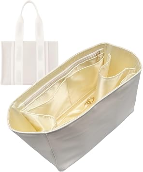 Satin Silk Lining Organizer for Chloe Woody Tote Small/Medium/Large, Waterproof Vegan Leather, Tote Bag Purse Insert with Zipper Pocket Water Bottle Holder Large, Beige