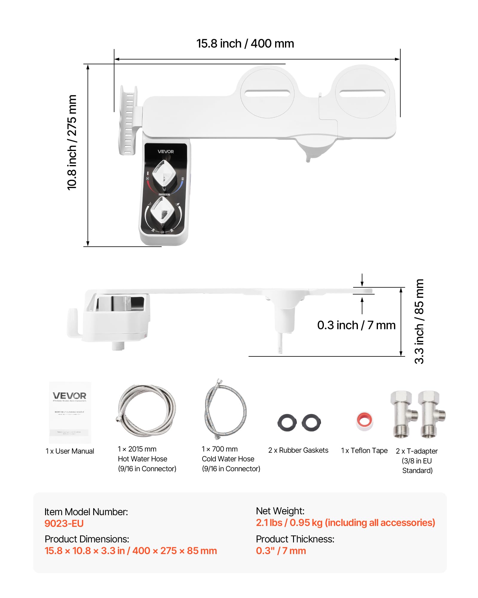 VEVOR Attacco per WC Bidet da 7 mm, Attacco per Sedile WC Ultrasottile con 2 Ugelli Retrattili, Acqua Fredda Calda, Pressione Regolabile, 2 Manopole Rotanti, per Glutei e Lavaggio Intimo