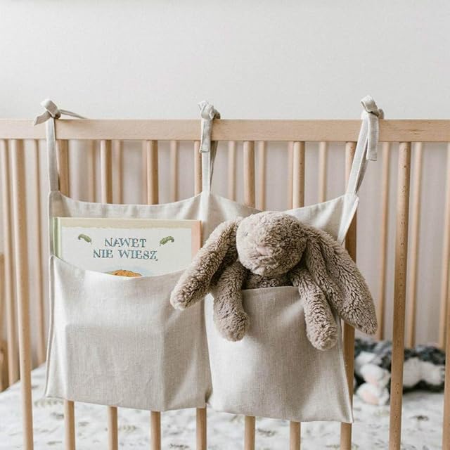 FBGood Hanging Storage Bag  Baby Cot Pocket Organiser, Nursery Solid Bedside Toys Hanging Storage Bag (Beige)